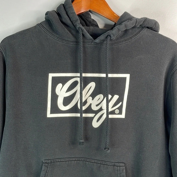 OBEY Graphic Logo Long Sleeve Hoodie Sweatshirt Black Kangaroo Pocket *As Is* M - Picture 4 of 12